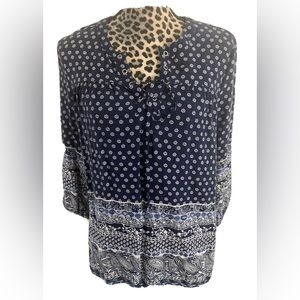crave fame Blouse  women XL boho blue long sleeve henley neck lack up 25L X 24W